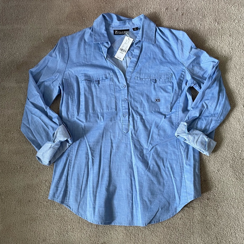 NWT New York and Company 3/4 Sleeve Faux Denim Half Button Down Shirt